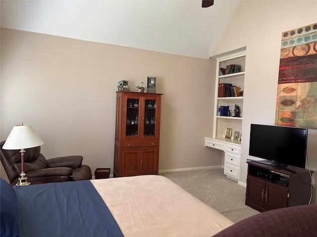 3923 Fordham Park Ct, Pasadena, TX 77058 - bedroom featuring light colored carpet, vaulted ceiling, baseboards, an office area, and a ceiling fan