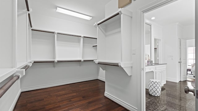 walk in closet with dark wood-style floors