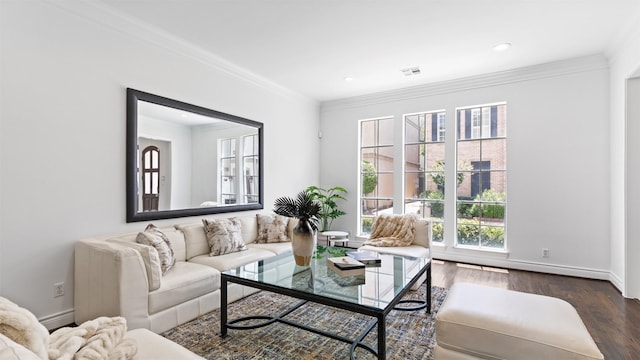 living area featuring crown molding, dark wood finished floors, baseboards, recessed lighting, and baseboard heating