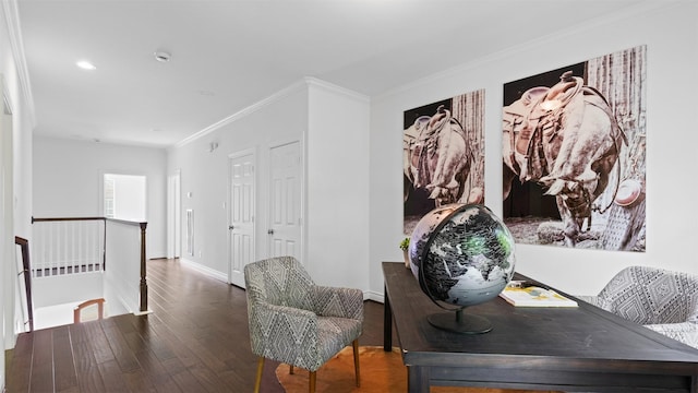dining space featuring wood finished floors and ornamental molding