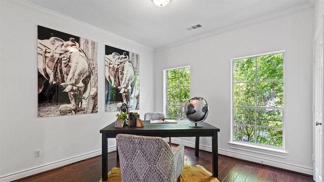 home office featuring ornamental molding, wood-type flooring, plenty of natural light, and baseboards