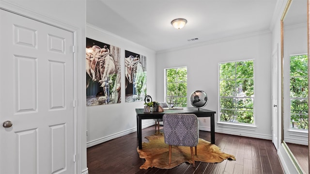 office space with ornamental molding and dark wood-style flooring