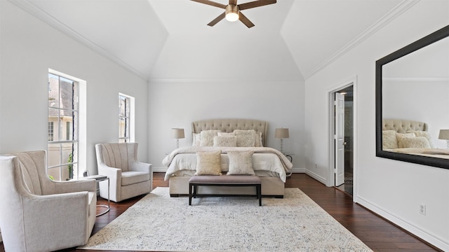 bedroom featuring lofted ceiling, dark wood-style flooring, ornamental molding, baseboards, and a ceiling fan