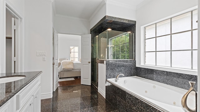 bathroom featuring a stall shower, granite floors, connected bathroom, crown molding, and vanity