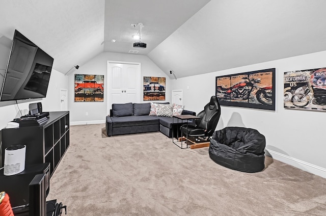 8207 Oxbow Manor Ln, Cypress, TX 77433 - living area with lofted ceiling, carpet flooring, and baseboards