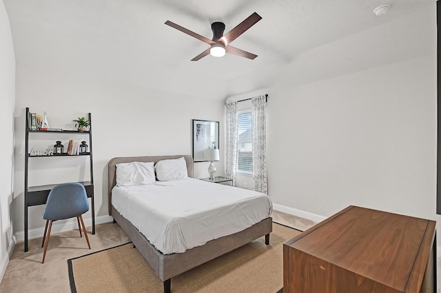 8207 Oxbow Manor Ln, Cypress, TX 77433 - bedroom featuring baseboards, a ceiling fan, light colored carpet, and lofted ceiling