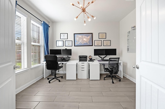 8207 Oxbow Manor Ln, Cypress, TX 77433 - office with a chandelier, baseboards, and wood finish floors