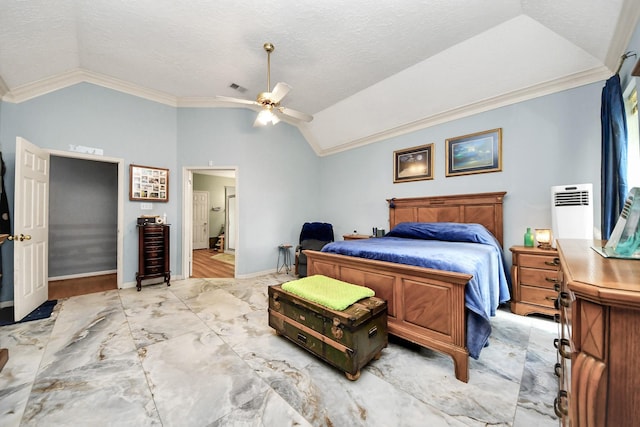 bedroom with lofted ceiling, ornamental molding, a textured ceiling, baseboards, and ceiling fan