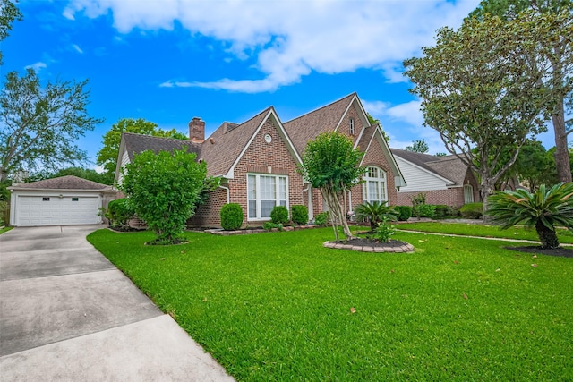 english style home featuring brick siding, a front yard, a garage, and a chimney