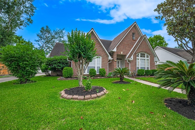 tudor home with brick siding, a front yard, and a shingled roof