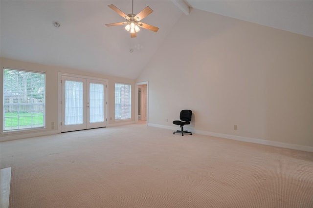 empty room with high vaulted ceiling, baseboards, carpet floors, beam ceiling, and a ceiling fan