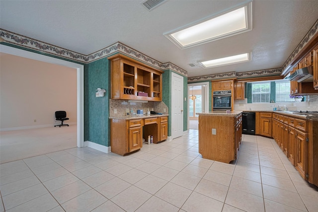 kitchen with black appliances, a kitchen island, open shelves, brown cabinetry, and tasteful backsplash