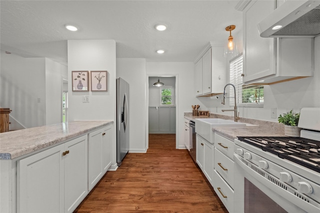 kitchen featuring stainless steel appliances, under cabinet range hood, light countertops, white cabinets, and wood finished floors