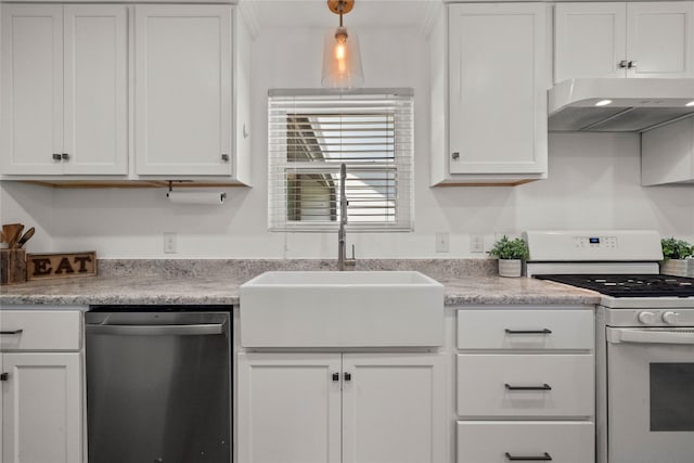 kitchen featuring stainless steel dishwasher, white gas range, under cabinet range hood, a sink, and white cabinetry