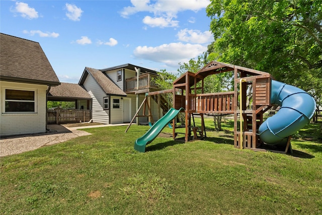 view of play area featuring a lawn
