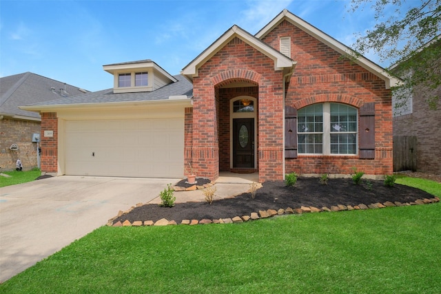 2835 Chalet Knolls Ln, Katy, TX 77494 - traditional-style home featuring brick siding, a front lawn, a garage, and driveway