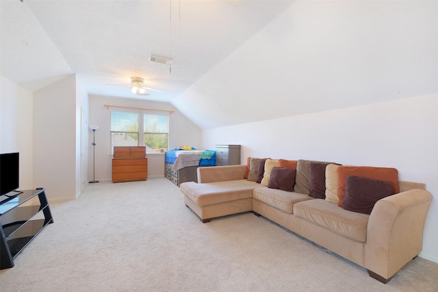2835 Chalet Knolls Ln, Katy, TX 77494 - living room featuring light colored carpet, lofted ceiling, ceiling fan, and baseboards