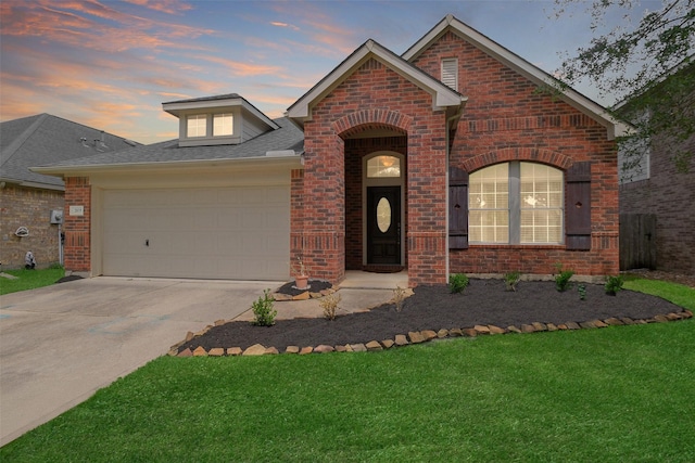 2835 Chalet Knolls Ln, Katy, TX 77494 - traditional home featuring brick siding, a garage, concrete driveway, a front yard, and roof with shingles