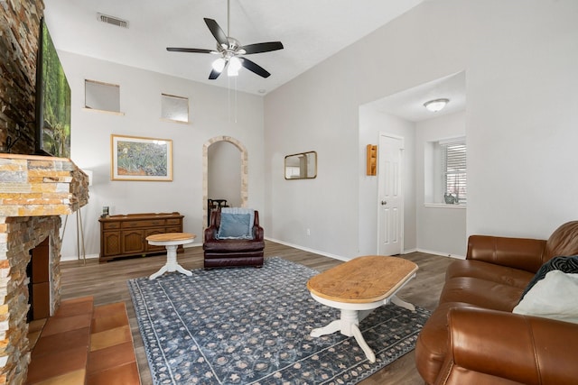 31311 N Head Dr, Spring, TX 77386 - living area with ceiling fan, wood finished floors, a fireplace, and baseboards