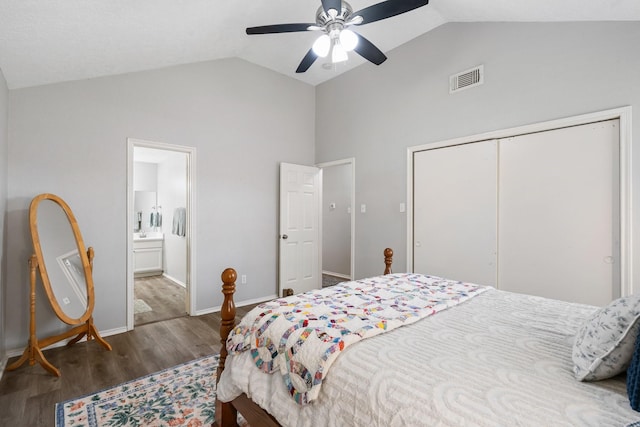 31311 N Head Dr, Spring, TX 77386 - bedroom with a closet, wood finished floors, high vaulted ceiling, a ceiling fan, and baseboards