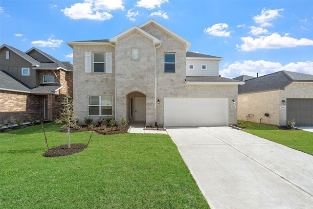 27072 Badger Way, Magnolia, TX 77354 - traditional-style home with driveway, an attached garage, a front lawn, and brick siding