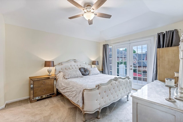 bedroom with access to outside, light colored carpet, a ceiling fan, and baseboards