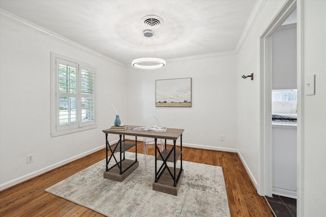 office with ornamental molding, dark wood finished floors, and baseboards