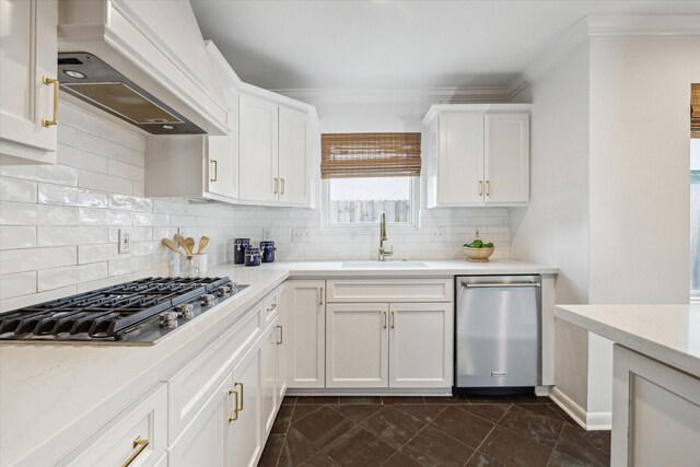 kitchen featuring appliances with stainless steel finishes, a sink, custom exhaust hood, ornamental molding, and white cabinets