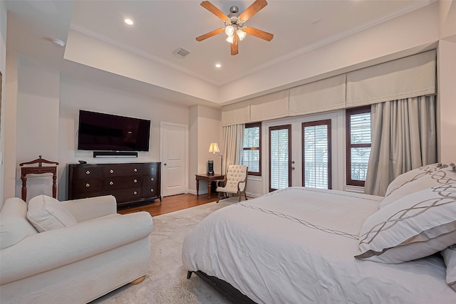 28 Riva Row, Spring, TX 77380 - bedroom featuring ornamental molding, recessed lighting, wood finished floors, access to exterior, and ceiling fan