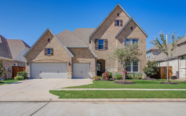view of front of home featuring concrete driveway, a garage, brick siding, and stone siding