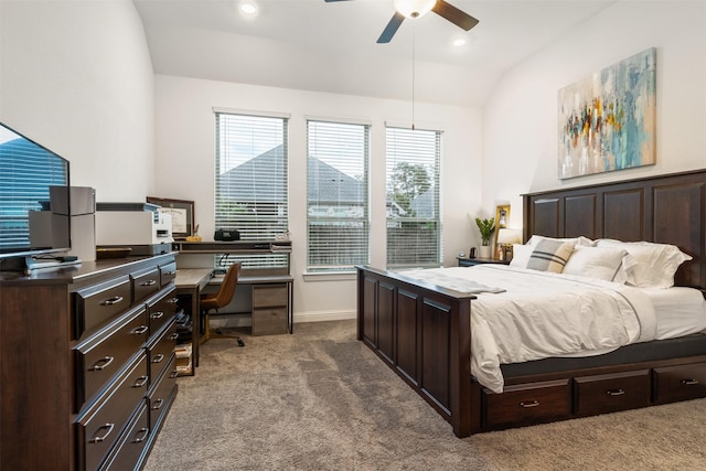 517 Sage Timbers Ln, Pinehurst, TX 77362 - bedroom featuring carpet, an office area, vaulted ceiling, baseboards, and ceiling fan