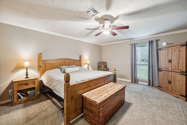 11730 Cypresswood Dr, Houston, TX 77070 - bedroom featuring light colored carpet, baseboards, ornamental molding, a ceiling fan, and a textured ceiling