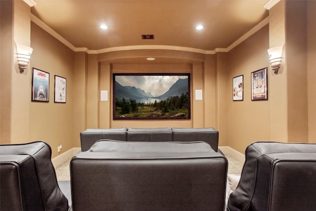 39 New Oak Trl, Humble, TX 77346 - home theater featuring carpet floors, baseboards, ornamental molding, and recessed lighting