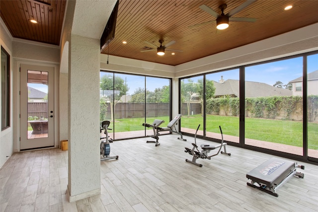 39 New Oak Trl, Humble, TX 77346 - exercise area featuring wood ceiling, a ceiling fan, a textured wall, wood finished floors, and recessed lighting