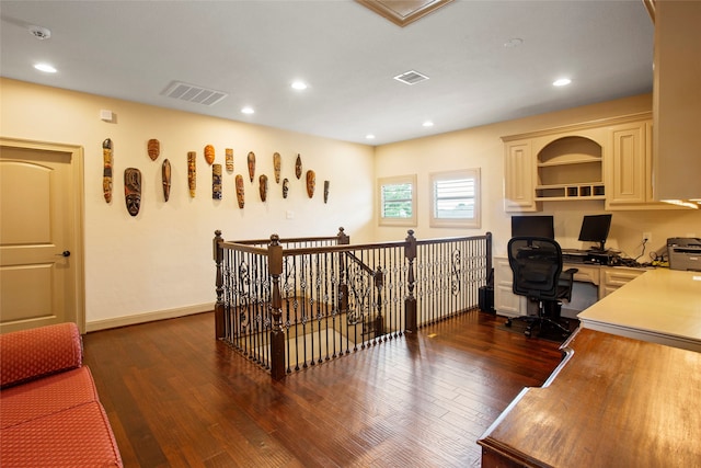 39 New Oak Trl, Humble, TX 77346 - home office with dark wood-type flooring, recessed lighting, and built in desk