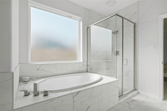 1711 Country Air Ln, Missouri City, TX 77459 - bathroom with a marble finish shower, a bath, and marble finish floors