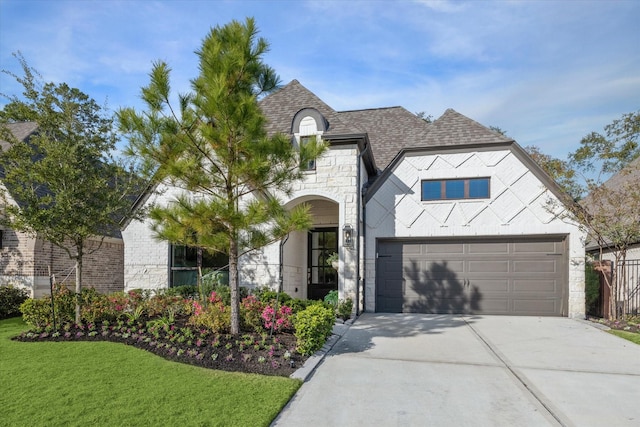 7918 Silver Grove Dr, Magnolia, TX 77354 - french country style house featuring concrete driveway, a garage, stone siding, roof with shingles, and a front lawn