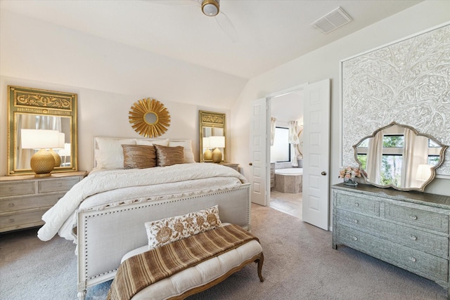 7918 Silver Grove Dr, Magnolia, TX 77354 - bedroom with carpet flooring, ensuite bath, lofted ceiling, and a ceiling fan