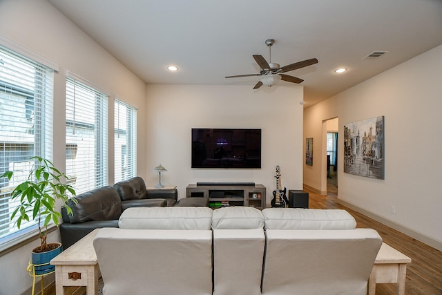 2543 Summer Peach St, Katy, TX 77494 - living room featuring ceiling fan, recessed lighting, wood finished floors, and baseboards