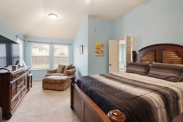 13614 Brighton Park Dr, Houston, TX 77044 - bedroom featuring light carpet, vaulted ceiling, and baseboards