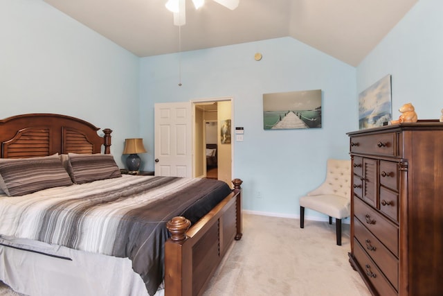 13614 Brighton Park Dr, Houston, TX 77044 - bedroom featuring light colored carpet, lofted ceiling, baseboards, and a ceiling fan