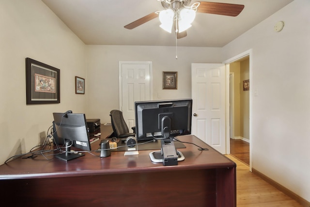 13614 Brighton Park Dr, Houston, TX 77044 - office area featuring a ceiling fan, wood finished floors, and baseboards