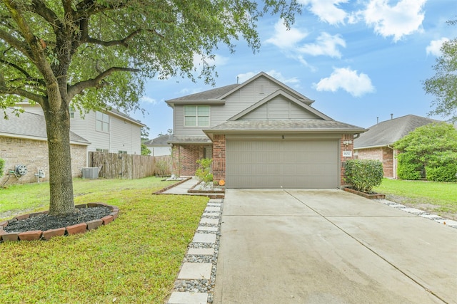 traditional home with brick siding, central air condition unit, concrete driveway, a garage, and roof with shingles
