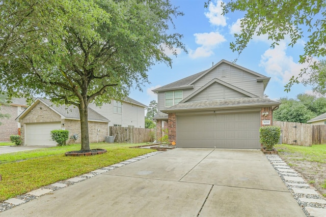 traditional home featuring brick siding, a garage, and concrete driveway