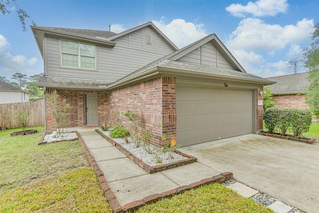 view of front of home featuring brick siding, an attached garage, concrete driveway, and a shingled roof