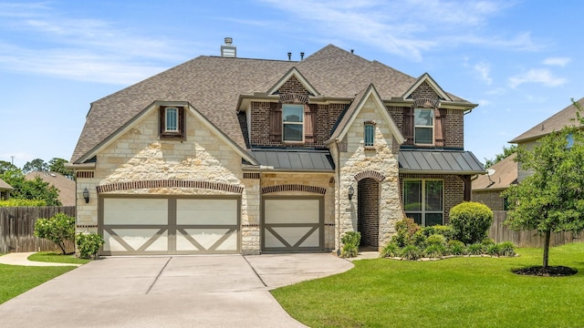 view of front of house featuring roof with shingles, concrete driveway, a standing seam roof, and stone siding