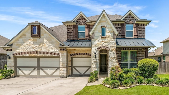 view of front of home with a standing seam roof, concrete driveway, a shingled roof, fence, and stone siding