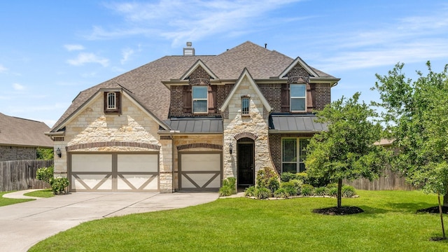 view of front facade with roof with shingles, driveway, a standing seam roof, a chimney, and stone siding
