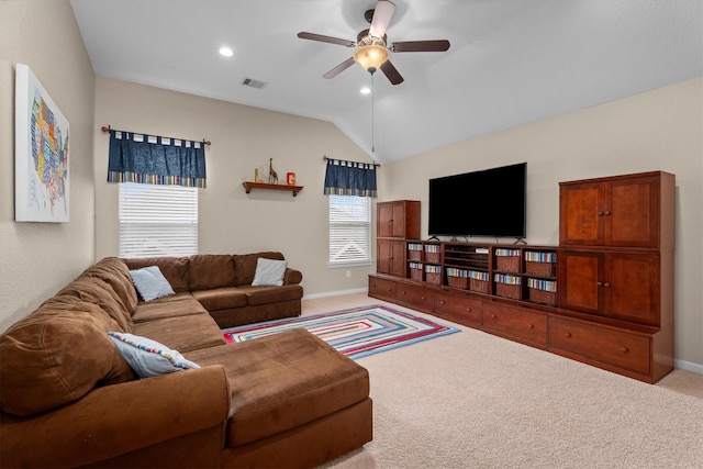 living room featuring a ceiling fan, lofted ceiling, carpet, baseboards, and recessed lighting