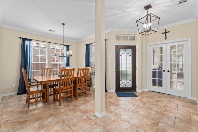dining room featuring a chandelier, ornamental molding, french doors, baseboards, and light tile patterned flooring